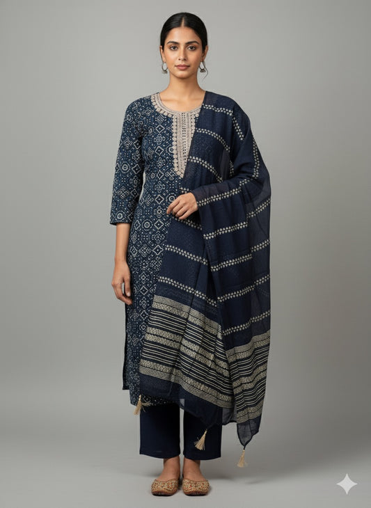 Navy Printed Rayon Straight-Cut Suit Set with Dupatta