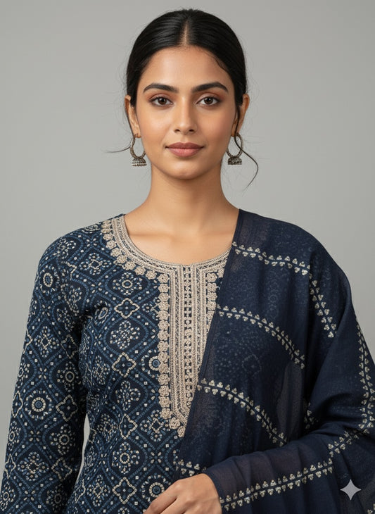 Navy Printed Rayon Straight-Cut Suit Set with Dupatta