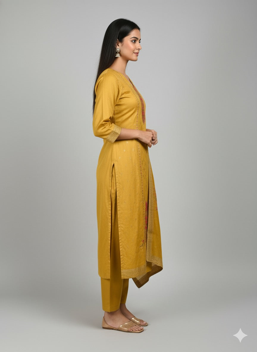 Mustard Shimmer Silk Embroidered Straight Suit Set