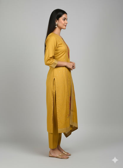 Mustard Shimmer Silk Embroidered Straight Suit Set