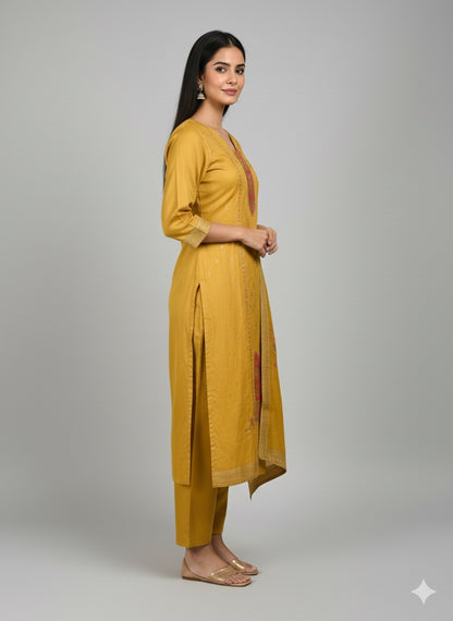 Mustard Shimmer Silk Embroidered Straight Suit Set