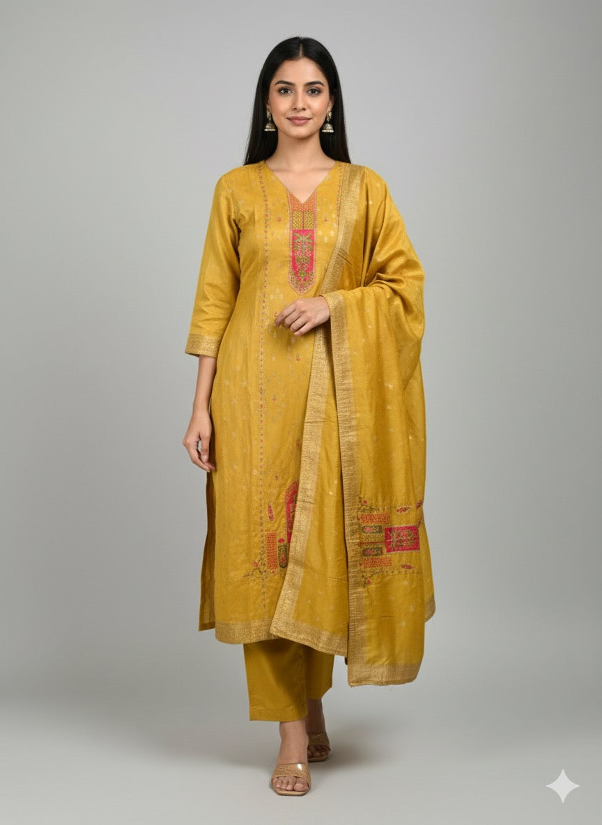 Mustard Shimmer Silk Embroidered Straight Suit Set