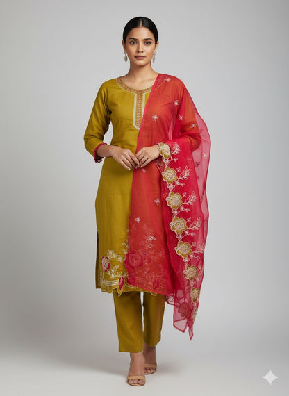 Roman Silk Olive Kurta Set with Thread Work & Organza Dupatta