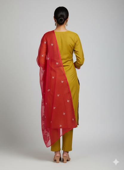 Roman Silk Olive Kurta Set with Thread Work & Organza Dupatta