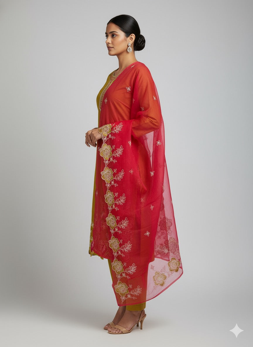 Roman Silk Olive Kurta Set with Thread Work & Organza Dupatta