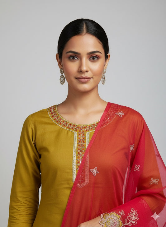 Roman Silk Olive Kurta Set with Thread Work & Organza Dupatta