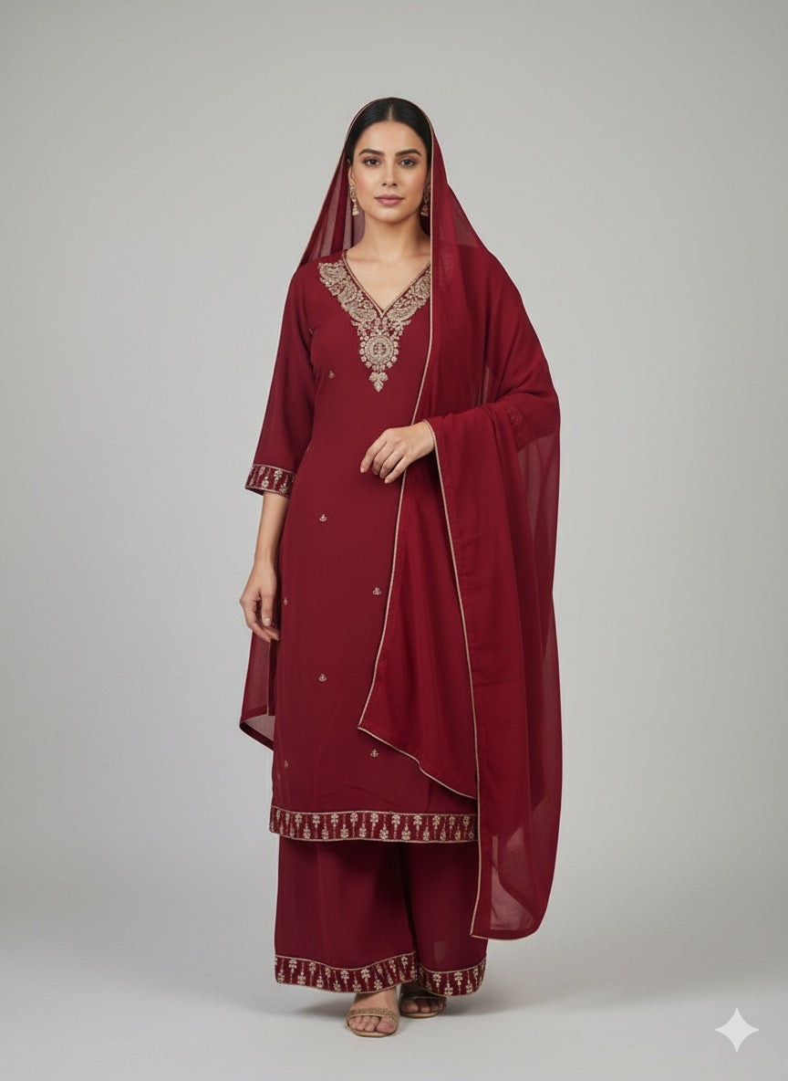 Maroon Zari Work Kurta Set with Plazo & Dupatta