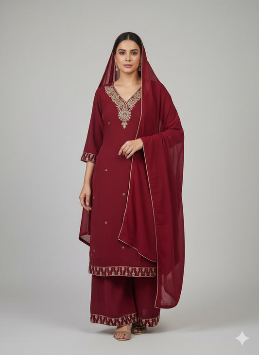 Maroon Zari Work Kurta Set with Plazo & Dupatta