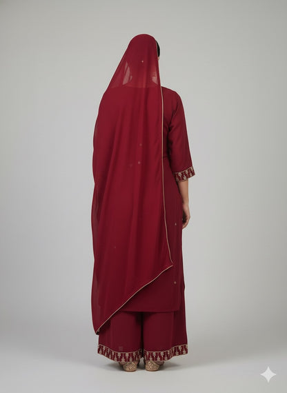 Maroon Zari Work Kurta Set with Plazo & Dupatta