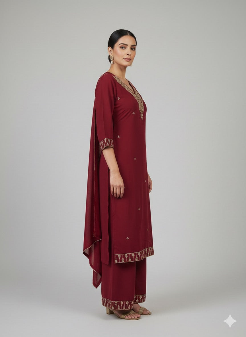Maroon Zari Work Kurta Set with Plazo & Dupatta