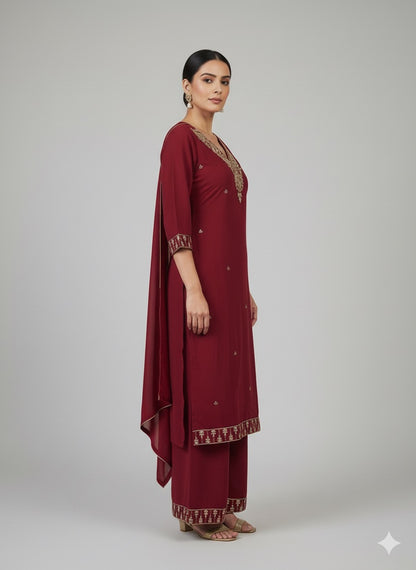 Maroon Zari Work Kurta Set with Plazo & Dupatta