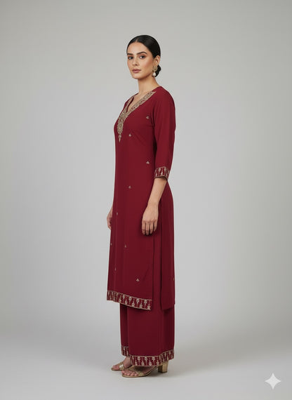 Maroon Zari Work Kurta Set with Plazo & Dupatta