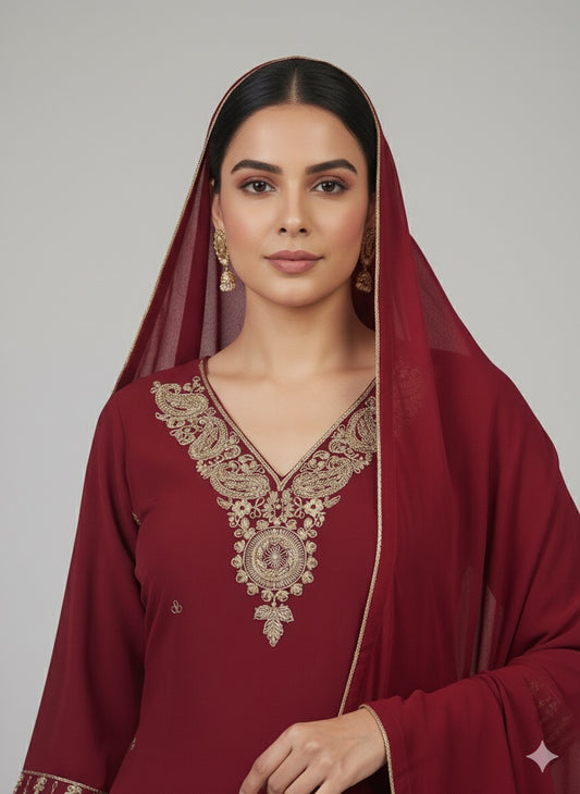 Maroon Zari Work Kurta Set with Plazo & Dupatta
