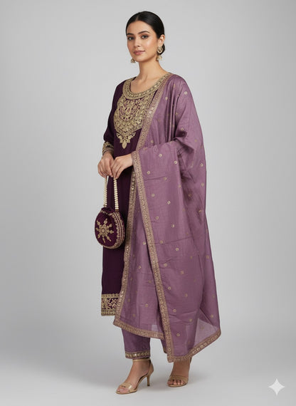 Plum Chitra Fabric Embroidered Kurta Set with Heavy Dupatta & Matching Potli