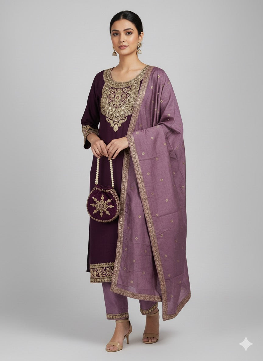 Plum Chitra Fabric Embroidered Kurta Set with Heavy Dupatta & Matching Potli