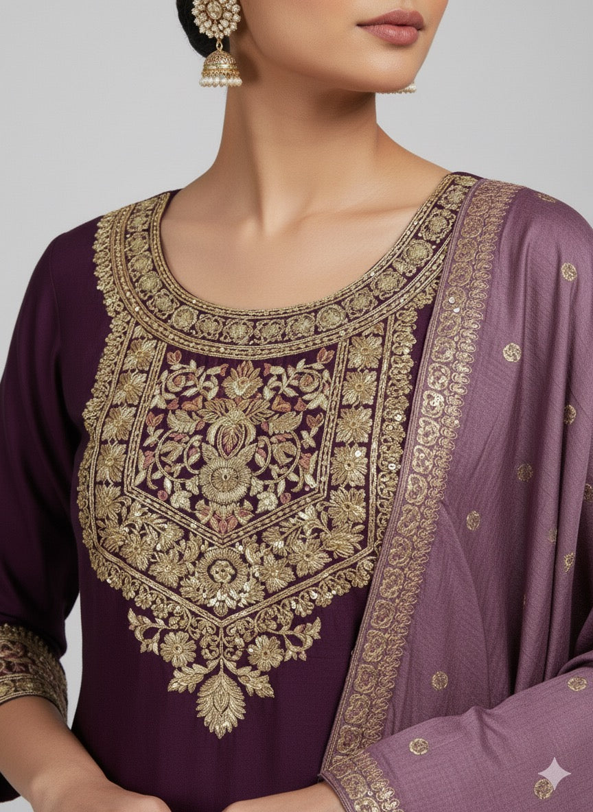 Plum Chitra Fabric Embroidered Kurta Set with Heavy Dupatta & Matching Potli