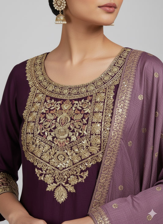 Plum Chitra Fabric Embroidered Kurta Set with Heavy Dupatta & Matching Potli