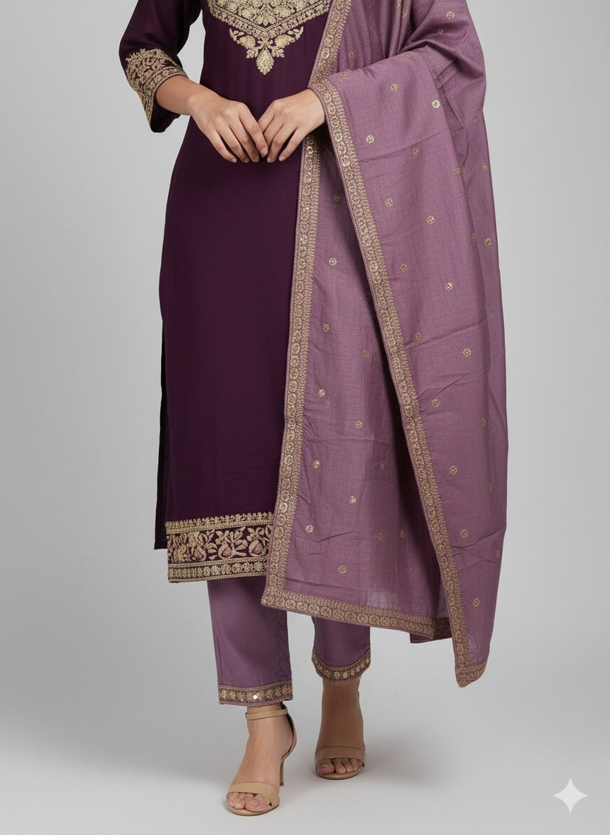 Plum Chitra Fabric Embroidered Kurta Set with Heavy Dupatta & Matching Potli