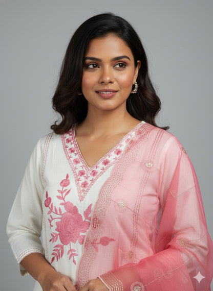 Sylub on Roman Silk Kurta Set with Thread Work & Organza Dupatta