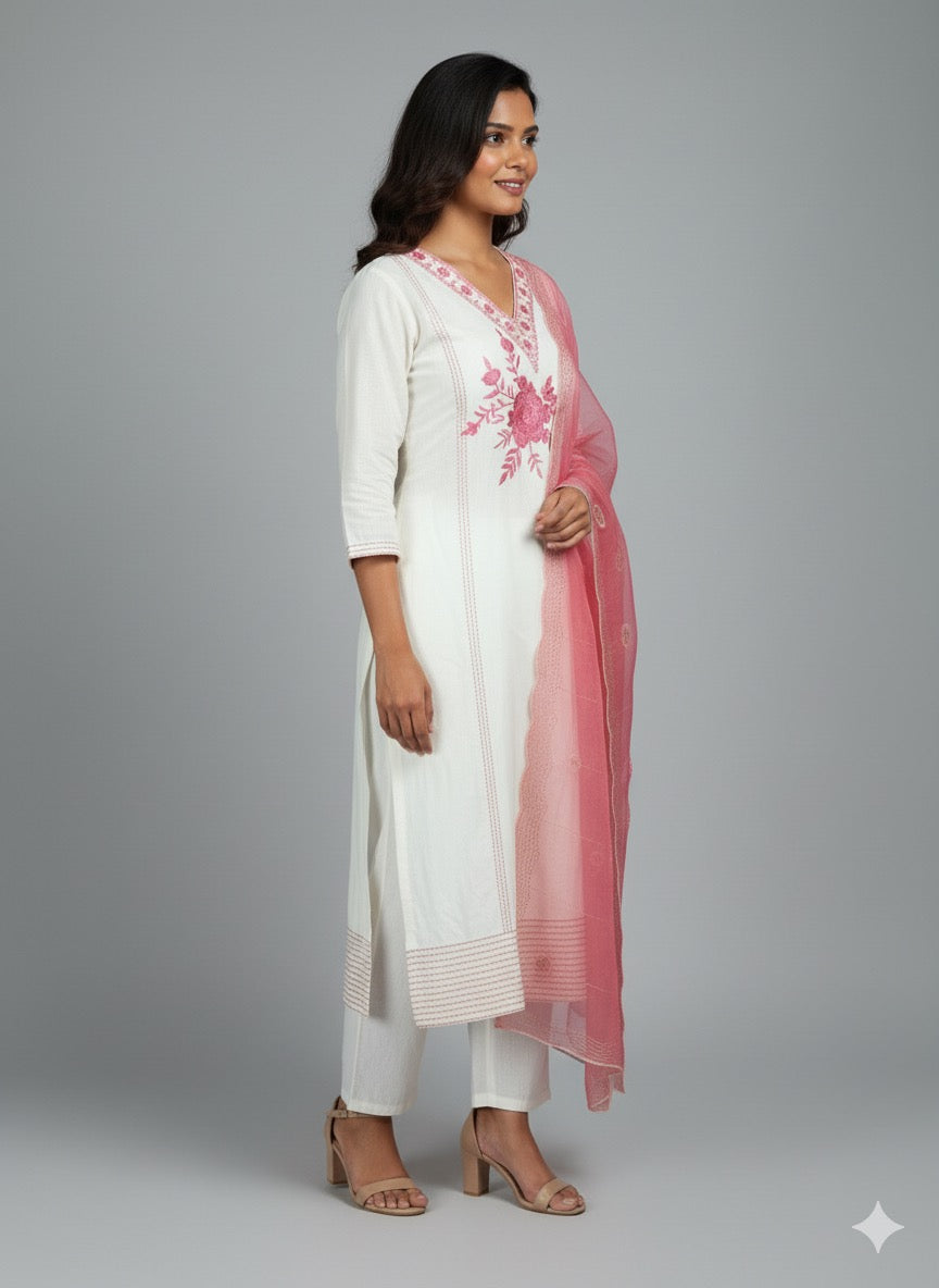 Sylub on Roman Silk Kurta Set with Thread Work & Organza Dupatta