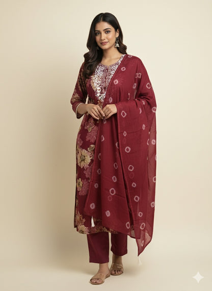 Maroon Floral Rayon Cotton Kurta Set with Thread Work & Printed Dupatta
