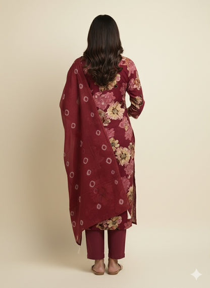 Maroon Floral Rayon Cotton Kurta Set with Thread Work & Printed Dupatta