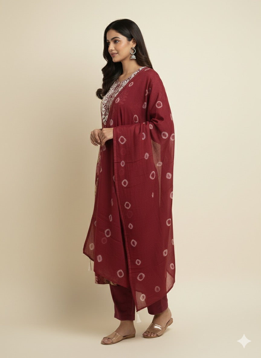 Maroon Floral Rayon Cotton Kurta Set with Thread Work & Printed Dupatta