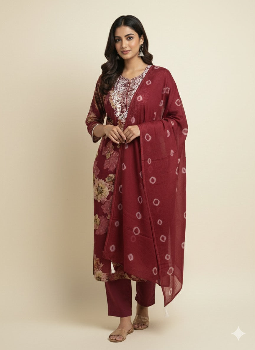 Maroon Floral Rayon Cotton Kurta Set with Thread Work & Printed Dupatta