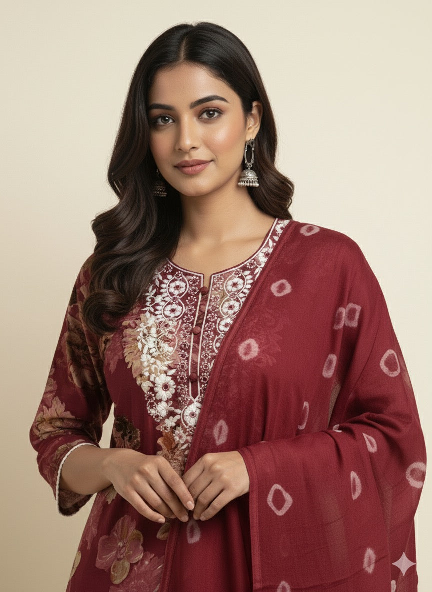 Maroon Floral Rayon Cotton Kurta Set with Thread Work & Printed Dupatta