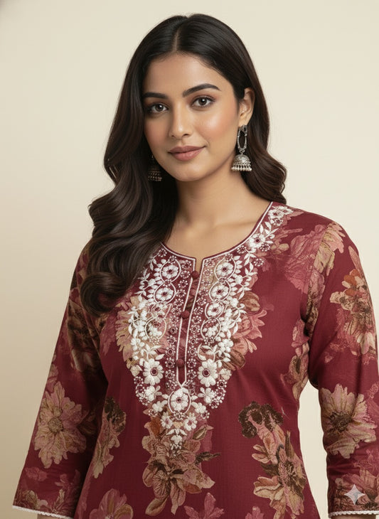 Maroon Floral Rayon Cotton Kurta Set with Thread Work & Printed Dupatta
