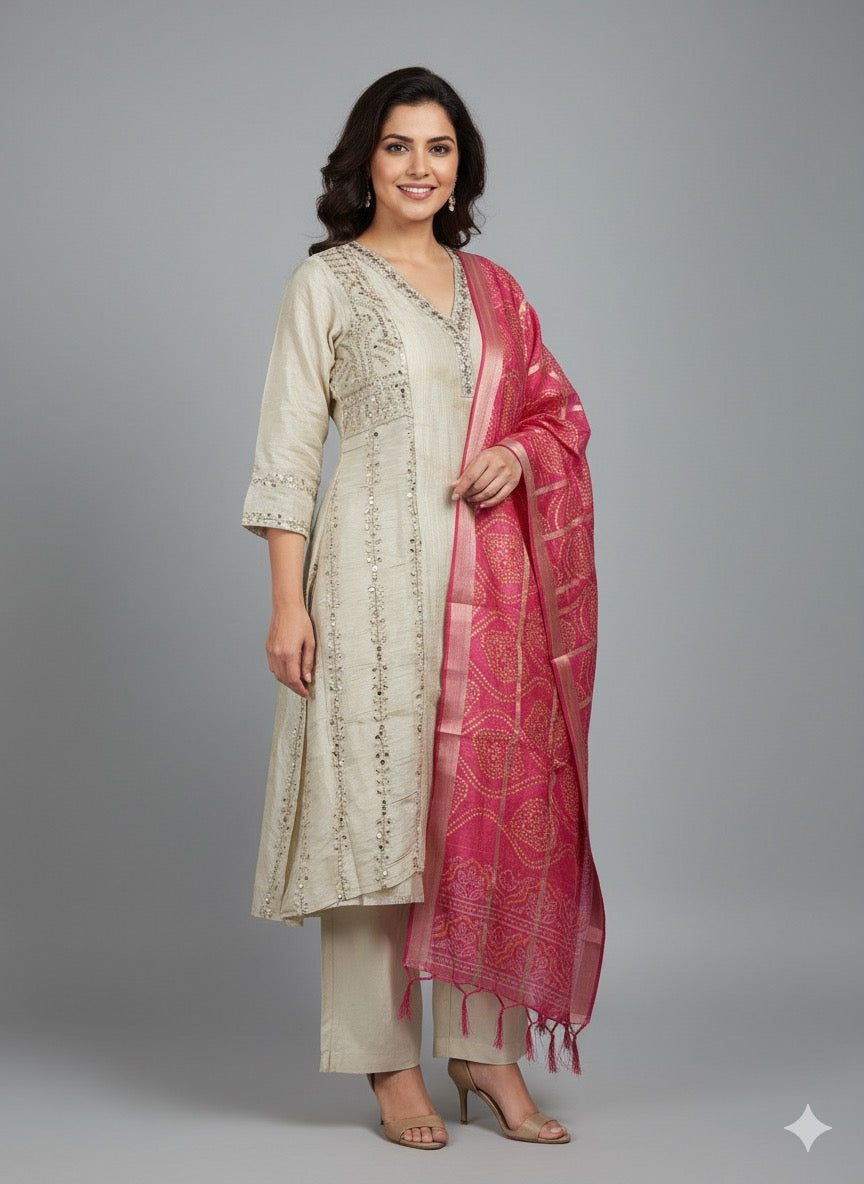 Chinan Silk Mirror Work Kurta Set with Bandhani Dupatta