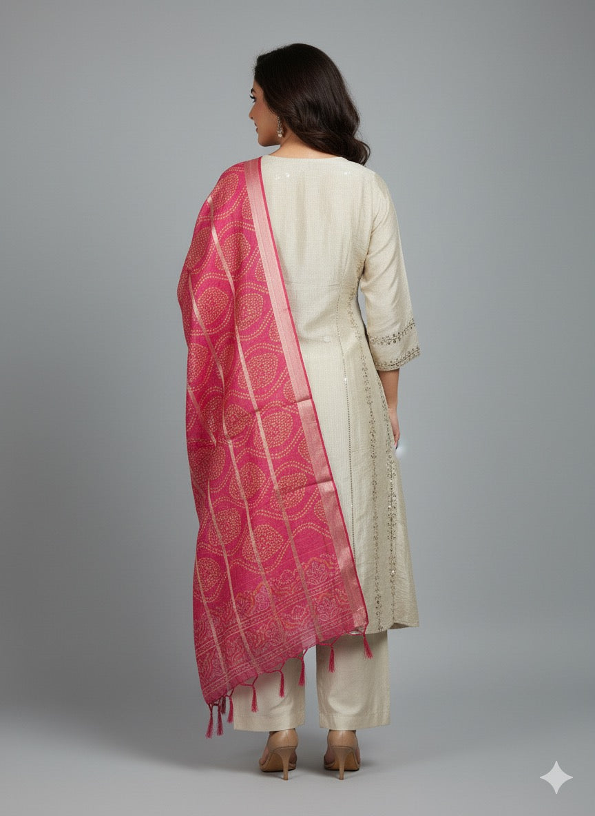 Chinan Silk Mirror Work Kurta Set with Bandhani Dupatta