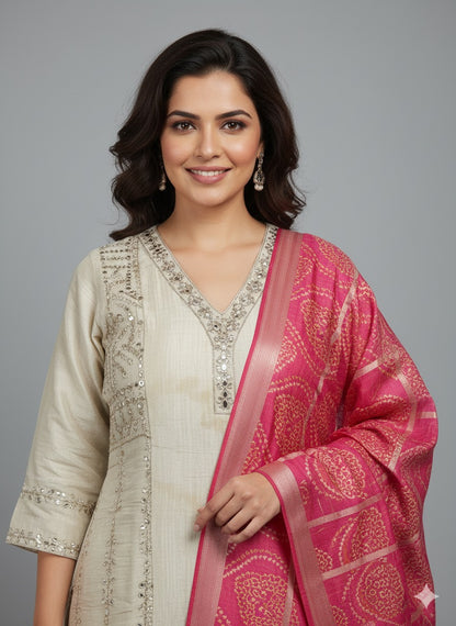 Chinan Silk Mirror Work Kurta Set with Bandhani Dupatta