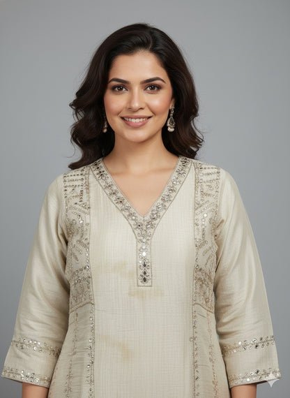 Chinan Silk Mirror Work Kurta Set with Bandhani Dupatta