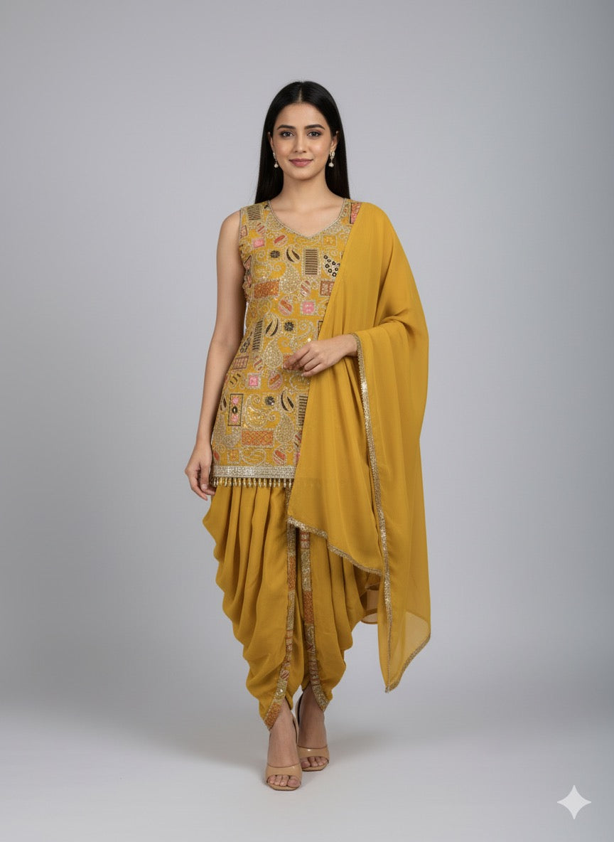 Georgette Short Kurti With Dhoti Set – Embellished Ethnic Wear