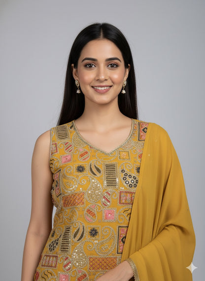 Georgette Short Kurti With Dhoti Set – Embellished Ethnic Wear