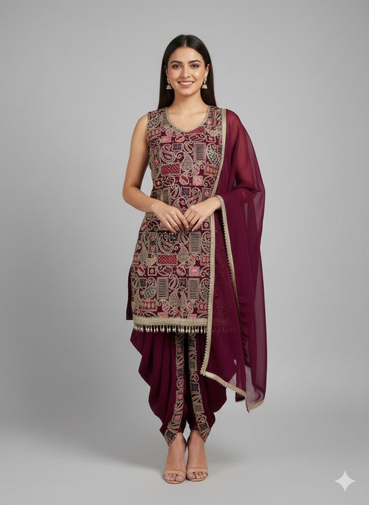 Georgette Short Kurti With Dhoti Set – Embellished Ethnic Wear