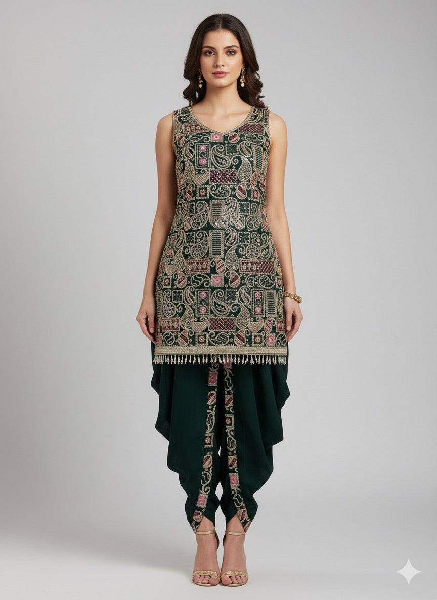 Georgette Short Kurti With Dhoti Set – Embellished Ethnic Wear