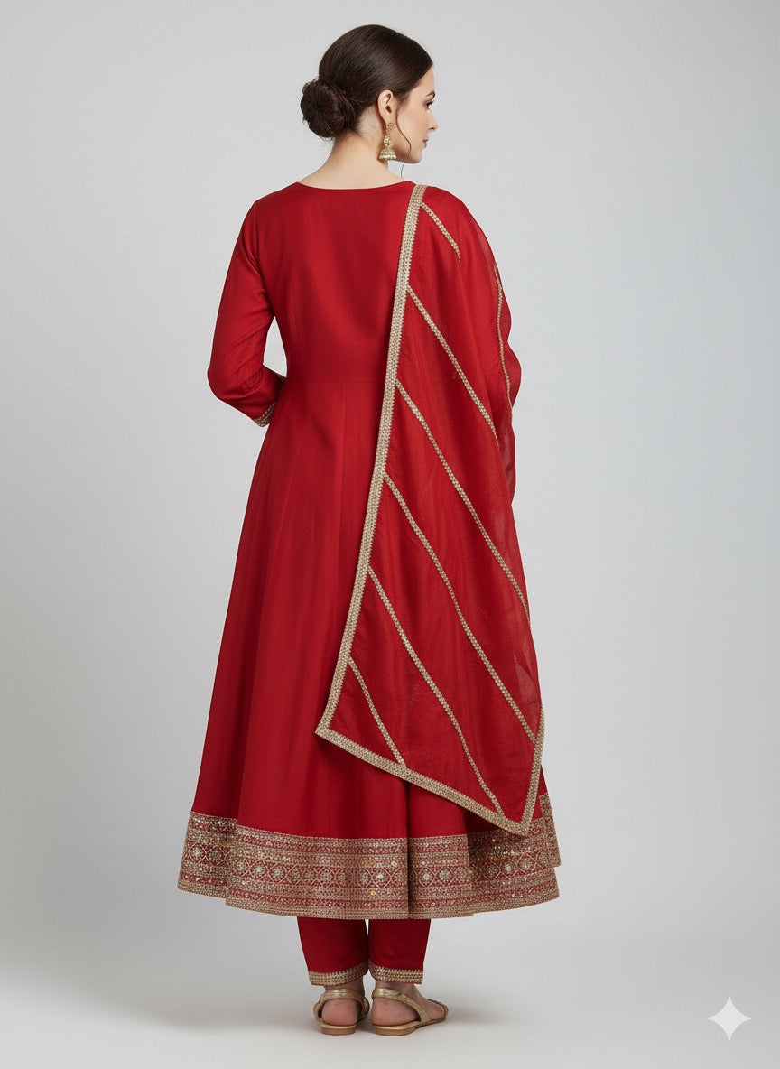 Embroidered Vichitra Silk Anarkali Suit with Heavy Dupatta & Golden Zari Work