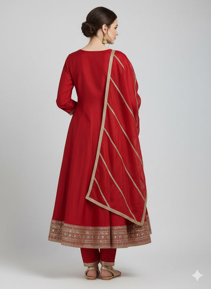 Embroidered Vichitra Silk Anarkali Suit with Heavy Dupatta & Golden Zari Work