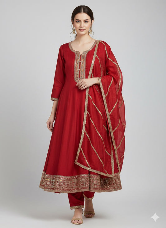 Embroidered Vichitra Silk Anarkali Suit with Heavy Dupatta & Golden Zari Work
