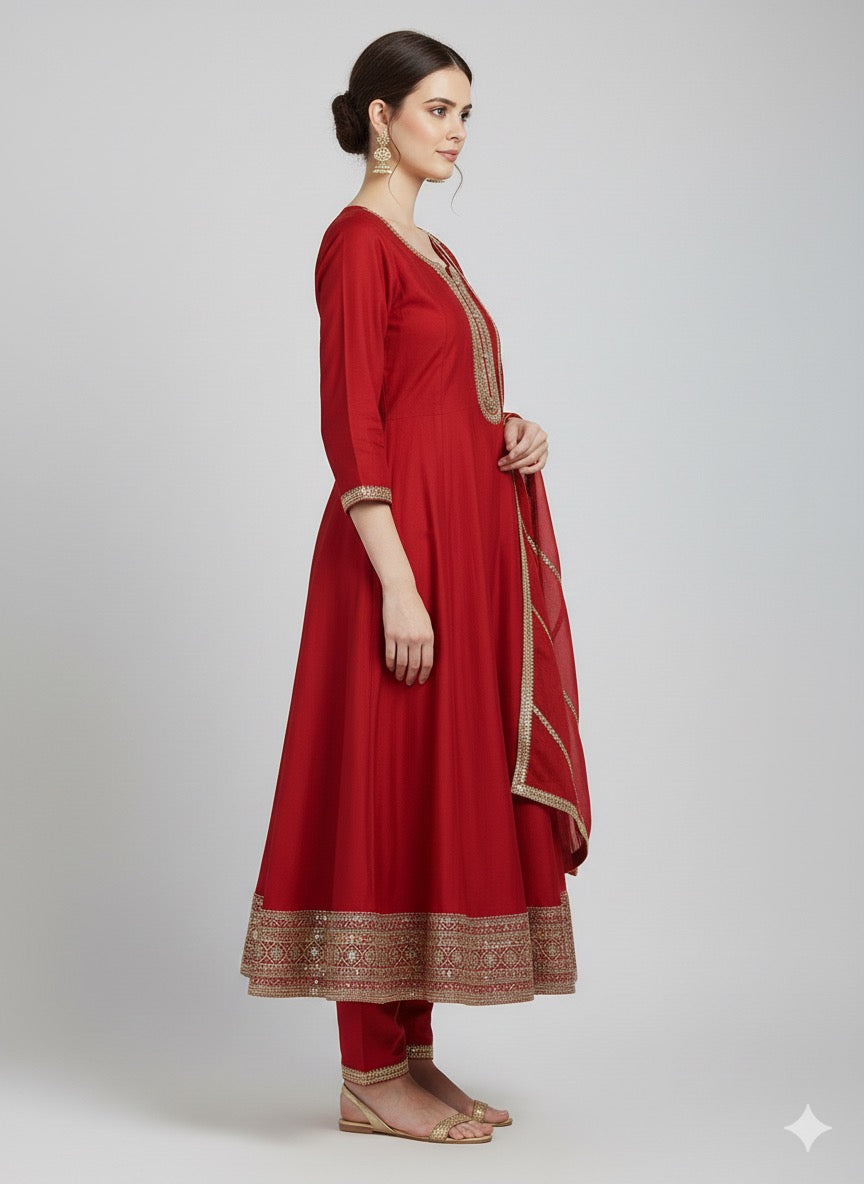 Embroidered Vichitra Silk Anarkali Suit with Heavy Dupatta & Golden Zari Work