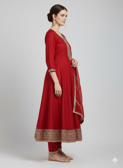 Embroidered Vichitra Silk Anarkali Suit with Heavy Dupatta & Golden Zari Work