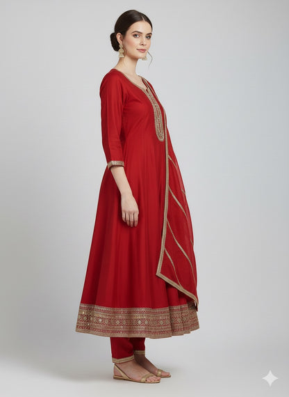 Embroidered Vichitra Silk Anarkali Suit with Heavy Dupatta & Golden Zari Work