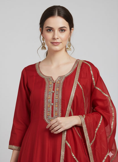 Embroidered Vichitra Silk Anarkali Suit with Heavy Dupatta & Golden Zari Work