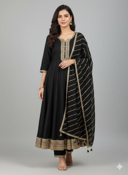 Embroidered Vichitra Silk Anarkali Suit with Heavy Dupatta & Golden Zari Work