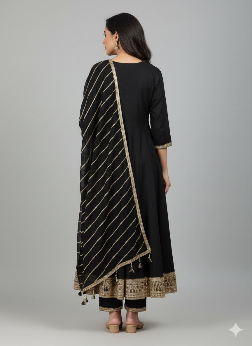 Embroidered Vichitra Silk Anarkali Suit with Heavy Dupatta & Golden Zari Work