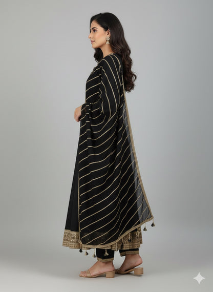 Embroidered Vichitra Silk Anarkali Suit with Heavy Dupatta & Golden Zari Work