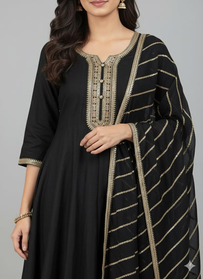 Embroidered Vichitra Silk Anarkali Suit with Heavy Dupatta & Golden Zari Work