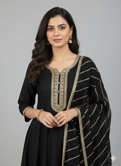 Embroidered Vichitra Silk Anarkali Suit with Heavy Dupatta & Golden Zari Work